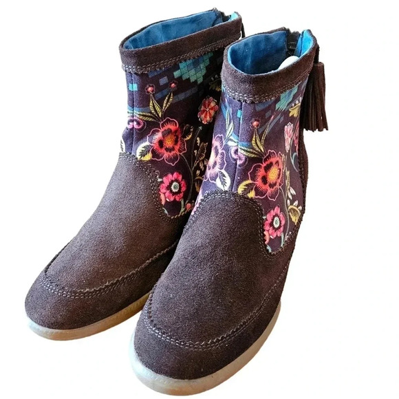 Desigual Carlas Suede Leather Bohemian Floral Hippie Ankle Brown Boots Size 37. - Picture 5 of 13